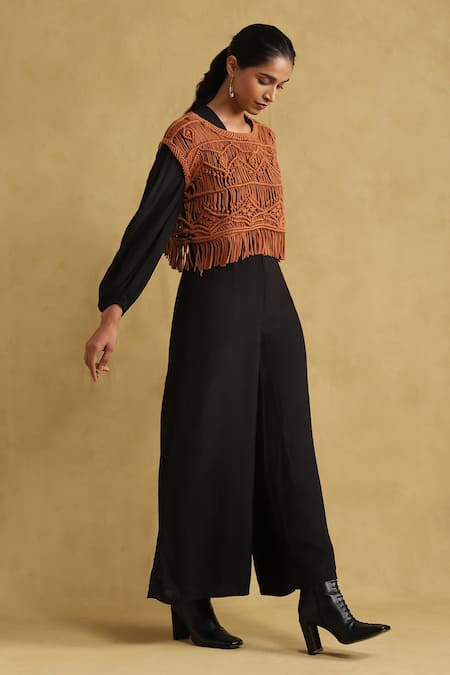 Ritu Kumar_Black Silk Bandeau Neck Flared Jumpsuit With Macrame Top _Online_at_Aza_Fashions