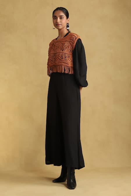 Buy_Ritu Kumar_Black Silk Bandeau Neck Flared Jumpsuit With Macrame Top _Online_at_Aza_Fashions
