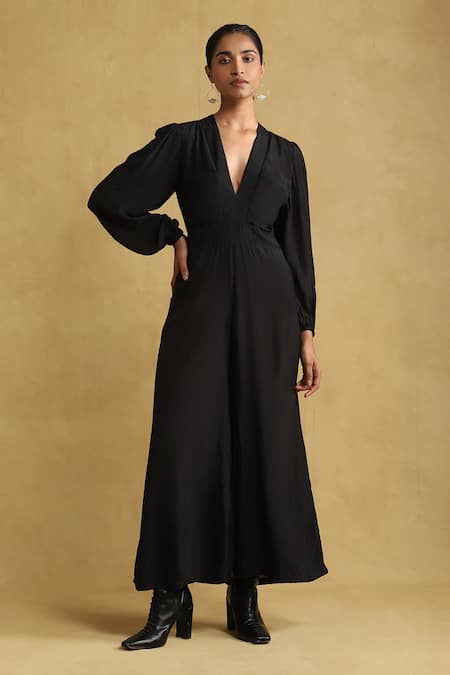 Shop_Ritu Kumar_Black Silk Bandeau Neck Flared Jumpsuit With Macrame Top _Online_at_Aza_Fashions