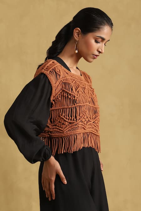 Ritu Kumar_Black Silk Bandeau Neck Flared Jumpsuit With Macrame Top _at_Aza_Fashions