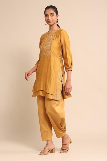 Ritu Kumar_Yellow Viscose, Silk Embroidery Round Neck Layered Kurta And Pant Set _Online_at_Aza_Fashions