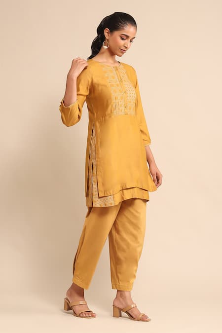Buy_Ritu Kumar_Yellow Viscose, Silk Embroidery Round Neck Layered Kurta And Pant Set _Online_at_Aza_Fashions