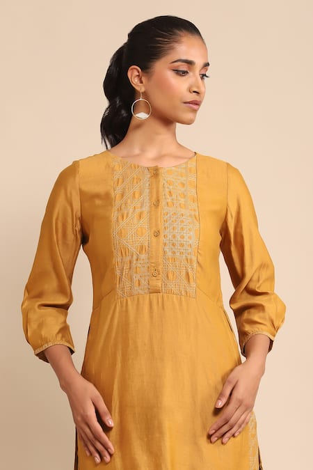 Shop_Ritu Kumar_Yellow Viscose, Silk Embroidery Round Neck Layered Kurta And Pant Set _Online_at_Aza_Fashions