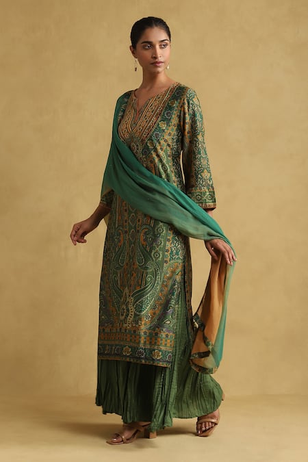 Ritu Kumar_Green Cotton, Silk Embroidery, Sequins Split Paisley Print Kurta And Sharara Set _Online_at_Aza_Fashions