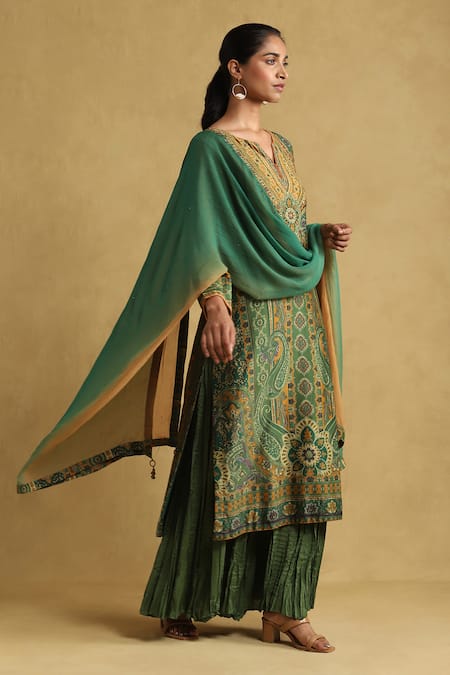 Buy_Ritu Kumar_Green Cotton, Silk Embroidery, Sequins Split Paisley Print Kurta And Sharara Set _Online_at_Aza_Fashions