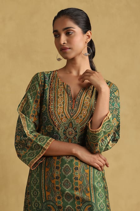 Shop_Ritu Kumar_Green Cotton, Silk Embroidery, Sequins Split Paisley Print Kurta And Sharara Set _Online_at_Aza_Fashions