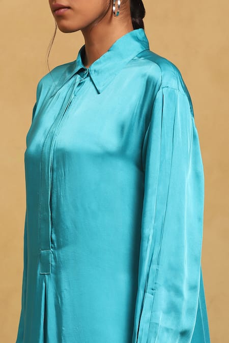Ritu Kumar_Blue Polyester Collared Solid Kurta Palazzo Set _Online_at_Aza_Fashions