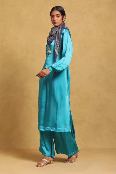 Buy_Ritu Kumar_Blue Polyester Collared Solid Kurta Palazzo Set _Online_at_Aza_Fashions