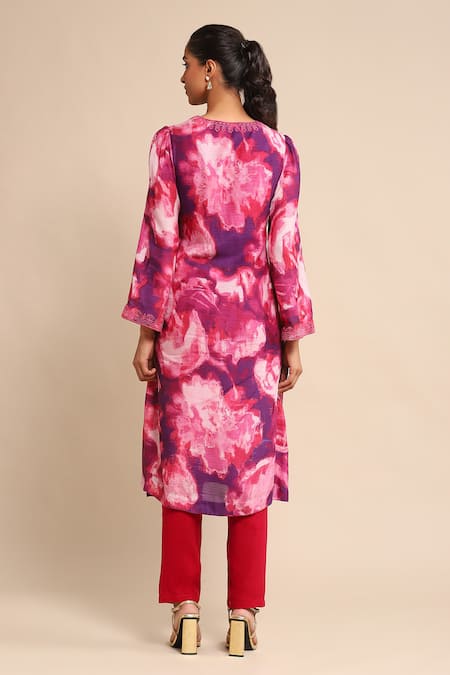 Shop Ritu Kumar Pink Viscose Embroidery Split V-neck Straight Kurta And Pant Set at Aza Fashions Shop_Ritu Kumar_Pink Viscose Embroidery Split V-neck Straight Kurta And Pant Set _at_Aza_Fashions