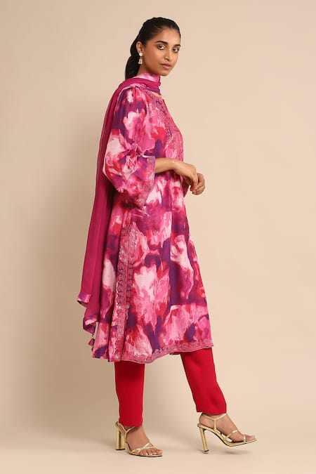 Shop Ritu Kumar Pink Viscose Embroidery Split V-neck Straight Kurta And Pant Set Online at Aza Fashions Shop_Ritu Kumar_Pink Viscose Embroidery Split V-neck Straight Kurta And Pant Set _Online_at_Aza_Fashions