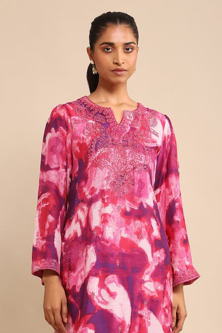 Ritu Kumar Pink Viscose Embroidery Split V-neck Straight Kurta And Pant Set at Aza Fashions Ritu Kumar_Pink Viscose Embroidery Split V-neck Straight Kurta And Pant Set _at_Aza_Fashions