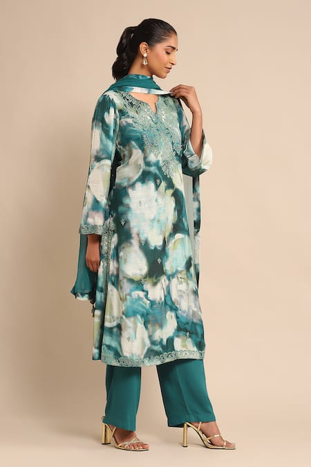 Shop_Ritu Kumar_Green Viscose Embroidery Split V-neck Straight Kurta And Pant Set _Online_at_Aza_Fashions