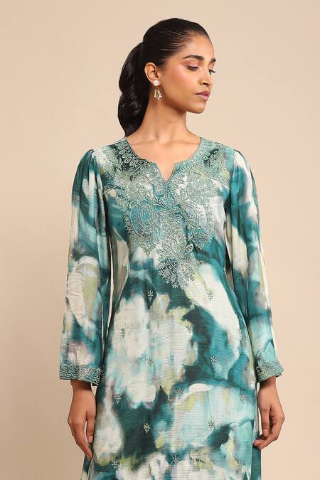 Ritu Kumar_Green Viscose Embroidery Split V-neck Straight Kurta And Pant Set _at_Aza_Fashions