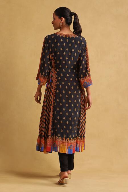 Shop Ritu Kumar Black Viscose Embroidery Split V-neck Printed Kurta And Pant Set at Aza Fashions Shop_Ritu Kumar_Black Viscose Embroidery Split V-neck Printed Kurta And Pant Set_at_Aza_Fashions