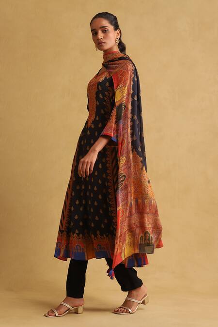 Ritu Kumar Black Viscose Embroidery Split V-neck Printed Kurta And Pant Set Online at Aza Fashions Ritu Kumar_Black Viscose Embroidery Split V-neck Printed Kurta And Pant Set_Online_at_Aza_Fashions