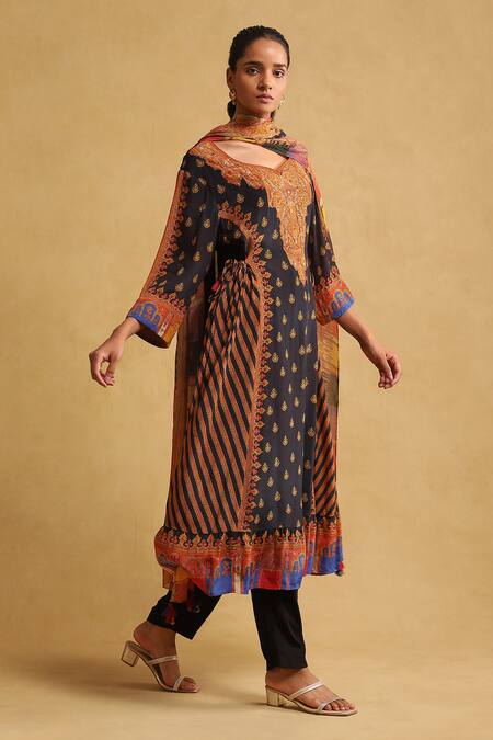 Buy Ritu Kumar Black Viscose Embroidery Split V-neck Printed Kurta And Pant Set Online at Aza Fashions Buy_Ritu Kumar_Black Viscose Embroidery Split V-neck Printed Kurta And Pant Set_Online_at_Aza_Fashions