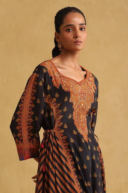 Shop Ritu Kumar Black Viscose Embroidery Split V-neck Printed Kurta And Pant Set Online at Aza Fashions Shop_Ritu Kumar_Black Viscose Embroidery Split V-neck Printed Kurta And Pant Set_Online_at_Aza_Fashions