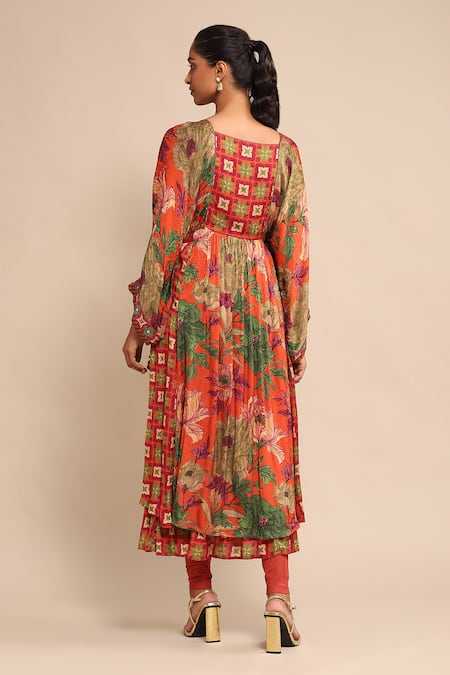 Shop Ritu Kumar Orange Viscose Tassels, Embroidery Square Neck Floral Print Anarkali And Pant Set at Aza Fashions Shop_Ritu Kumar_Orange Viscose Tassels, Embroidery Square Neck Floral Print Anarkali And Pant Set _at_Aza_Fashions