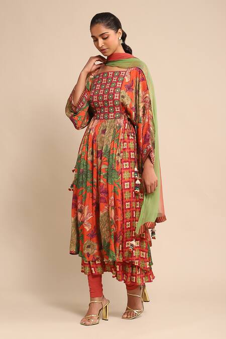 Ritu Kumar Orange Viscose Tassels, Embroidery Square Neck Floral Print Anarkali And Pant Set Online at Aza Fashions Ritu Kumar_Orange Viscose Tassels, Embroidery Square Neck Floral Print Anarkali And Pant Set _Online_at_Aza_Fashions
