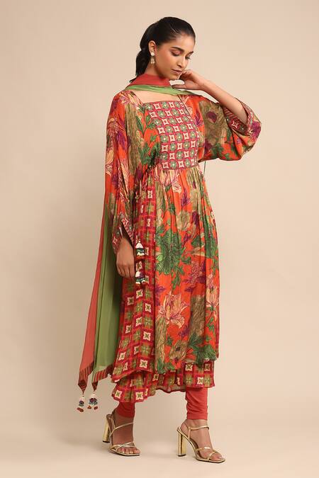 Buy Ritu Kumar Orange Viscose Tassels, Embroidery Square Neck Floral Print Anarkali And Pant Set Online at Aza Fashions Buy_Ritu Kumar_Orange Viscose Tassels, Embroidery Square Neck Floral Print Anarkali And Pant Set _Online_at_Aza_Fashions