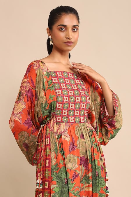 Shop Ritu Kumar Orange Viscose Tassels, Embroidery Square Neck Floral Print Anarkali And Pant Set Online at Aza Fashions Shop_Ritu Kumar_Orange Viscose Tassels, Embroidery Square Neck Floral Print Anarkali And Pant Set _Online_at_Aza_Fashions