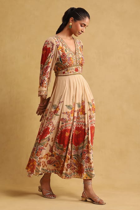 Buy_Ritu Kumar_Beige Cotton, Viscose Embroidery V-neck Floral Print Pleated Empire Dress _Online_at_Aza_Fashions