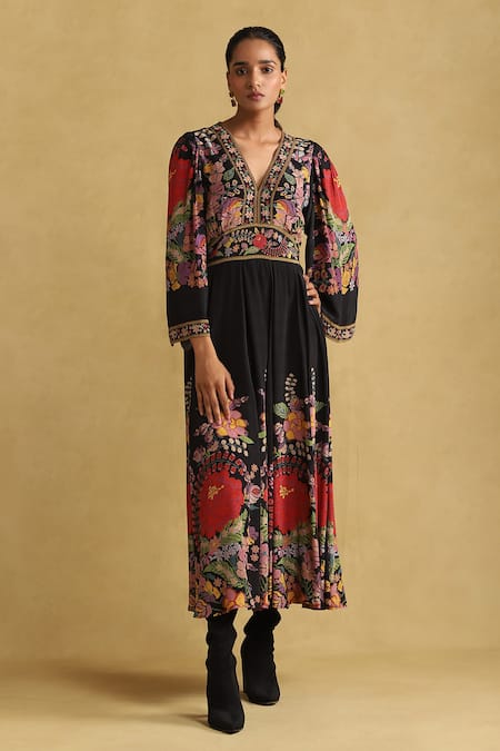 Ritu Kumar Black Cotton, Viscose Embroidery V-neck Bloom Print Pleated Empire Dress