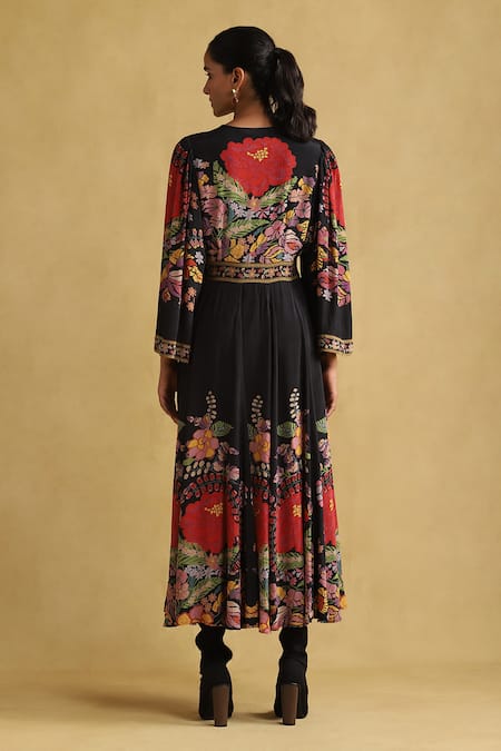 Shop Ritu Kumar Black Cotton, Viscose Embroidery V-neck Bloom Print Pleated Empire Dress at Aza Fashions Shop_Ritu Kumar_Black Cotton, Viscose Embroidery V-neck Bloom Print Pleated Empire Dress _at_Aza_Fashions