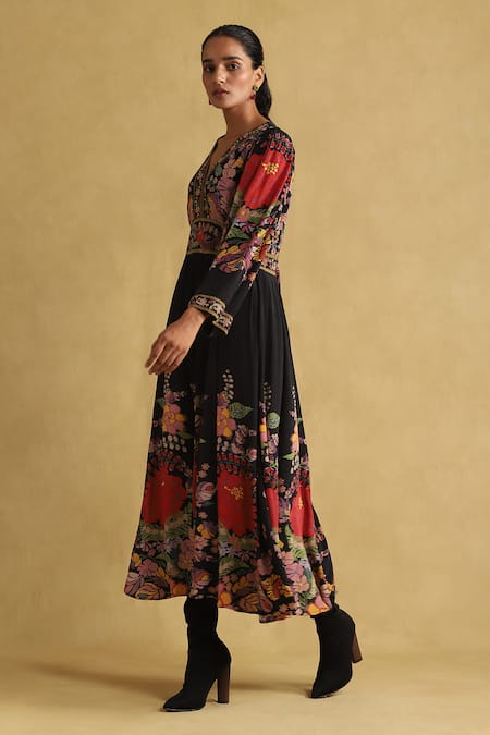Ritu Kumar Black Cotton, Viscose Embroidery V-neck Bloom Print Pleated Empire Dress Online at Aza Fashions Ritu Kumar_Black Cotton, Viscose Embroidery V-neck Bloom Print Pleated Empire Dress _Online_at_Aza_Fashions