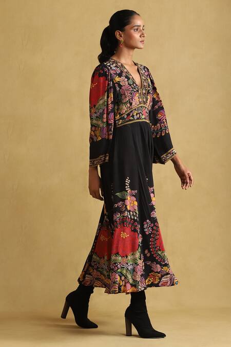 Buy Ritu Kumar Black Cotton, Viscose Embroidery V-neck Bloom Print Pleated Empire Dress Online at Aza Fashions Buy_Ritu Kumar_Black Cotton, Viscose Embroidery V-neck Bloom Print Pleated Empire Dress _Online_at_Aza_Fashions