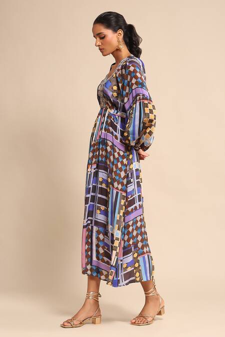 Ritu Kumar_Blue Viscose Embroidery V-neck Geometric Print Gathered Empire Dress _Online_at_Aza_Fashions