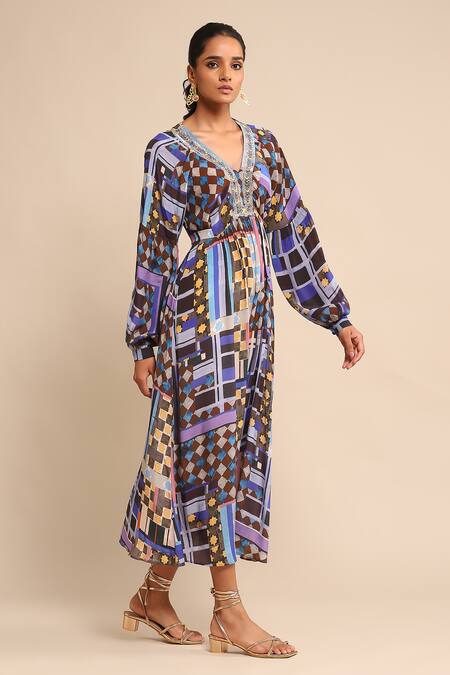 Buy_Ritu Kumar_Blue Viscose Embroidery V-neck Geometric Print Gathered Empire Dress _Online_at_Aza_Fashions