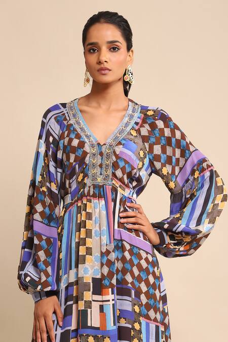 Shop_Ritu Kumar_Blue Viscose Embroidery V-neck Geometric Print Gathered Empire Dress _Online_at_Aza_Fashions
