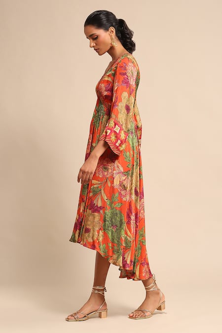 Ritu Kumar Orange Viscose V-neck Blossom Print High-low Dress Online at Aza Fashions Ritu Kumar_Orange Viscose V-neck Blossom Print High-low Dress _Online_at_Aza_Fashions