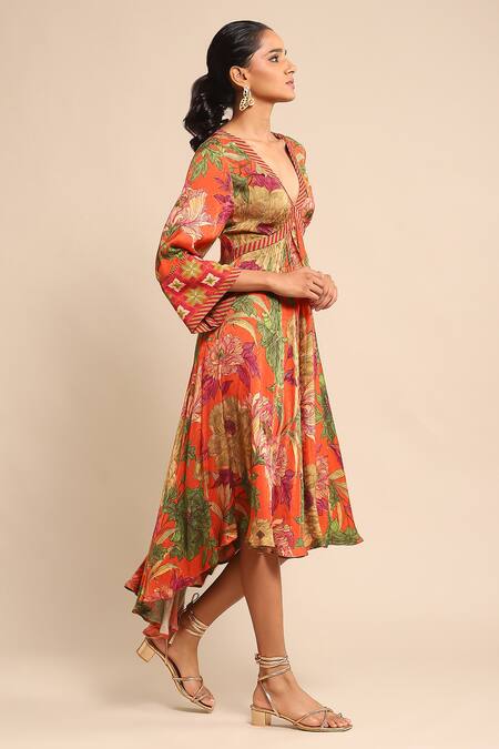 Buy Ritu Kumar Orange Viscose V-neck Blossom Print High-low Dress Online at Aza Fashions Buy_Ritu Kumar_Orange Viscose V-neck Blossom Print High-low Dress _Online_at_Aza_Fashions