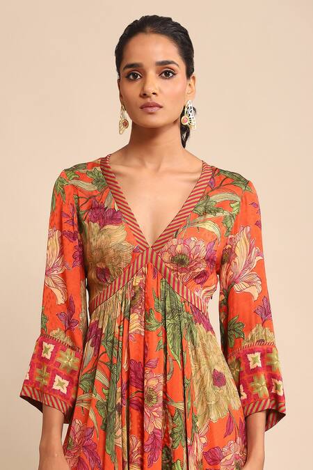 Shop Ritu Kumar Orange Viscose V-neck Blossom Print High-low Dress Online at Aza Fashions Shop_Ritu Kumar_Orange Viscose V-neck Blossom Print High-low Dress _Online_at_Aza_Fashions