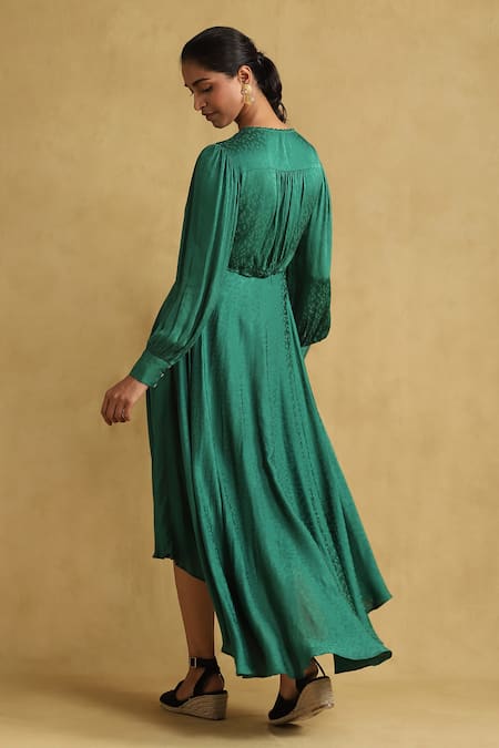 Shop Ritu Kumar Green Viscose Beads V-neck Abstract Pattern High-low Dress at Aza Fashions Shop_Ritu Kumar_Green Viscose Beads V-neck Abstract Pattern High-low Dress _at_Aza_Fashions