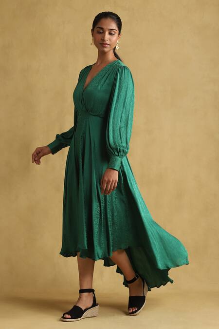 Ritu Kumar Green Viscose Beads V-neck Abstract Pattern High-low Dress Online at Aza Fashions Ritu Kumar_Green Viscose Beads V-neck Abstract Pattern High-low Dress _Online_at_Aza_Fashions