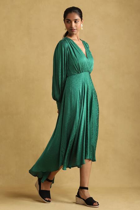 Buy Ritu Kumar Green Viscose Beads V-neck Abstract Pattern High-low Dress Online at Aza Fashions Buy_Ritu Kumar_Green Viscose Beads V-neck Abstract Pattern High-low Dress _Online_at_Aza_Fashions