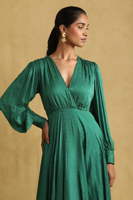 Shop Ritu Kumar Green Viscose Beads V-neck Abstract Pattern High-low Dress Online at Aza Fashions Shop_Ritu Kumar_Green Viscose Beads V-neck Abstract Pattern High-low Dress _Online_at_Aza_Fashions