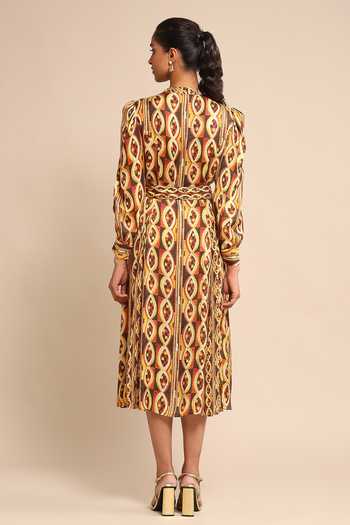 Shop Ritu Kumar Orange Viscose V-neck Geometric Print Shirt Dress at Aza Fashions Shop_Ritu Kumar_Orange Viscose V-neck Geometric Print Shirt Dress _at_Aza_Fashions