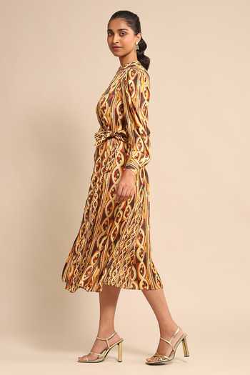 Ritu Kumar Orange Viscose V-neck Geometric Print Shirt Dress Online at Aza Fashions Ritu Kumar_Orange Viscose V-neck Geometric Print Shirt Dress _Online_at_Aza_Fashions