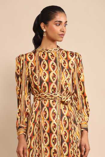 Shop Ritu Kumar Orange Viscose V-neck Geometric Print Shirt Dress Online at Aza Fashions Shop_Ritu Kumar_Orange Viscose V-neck Geometric Print Shirt Dress _Online_at_Aza_Fashions
