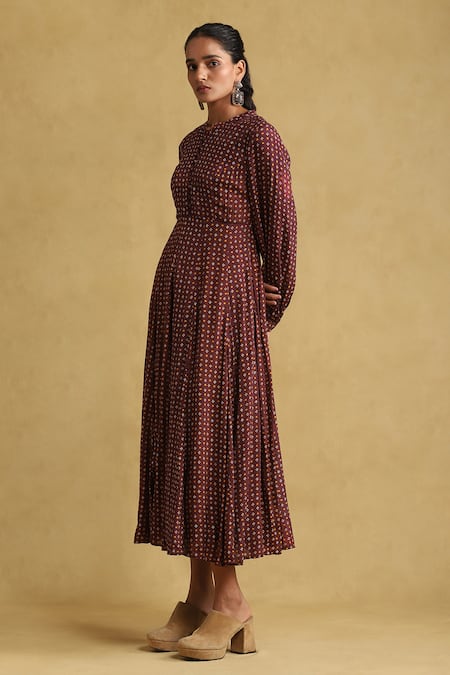 Ritu Kumar_Maroon Viscose Round Neck Geometric Print Tunic Dress _Online_at_Aza_Fashions