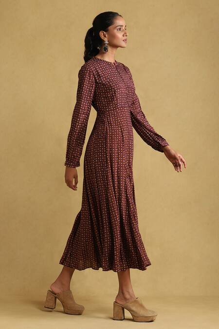 Buy_Ritu Kumar_Maroon Viscose Round Neck Geometric Print Tunic Dress _Online_at_Aza_Fashions