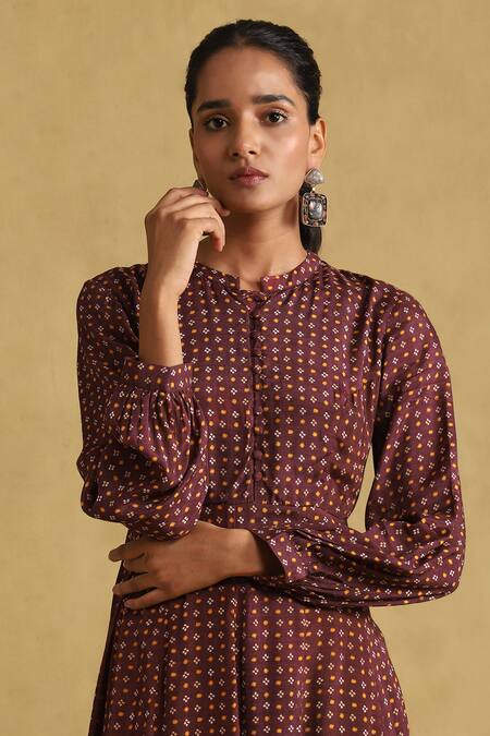 Shop_Ritu Kumar_Maroon Viscose Round Neck Geometric Print Tunic Dress _Online_at_Aza_Fashions