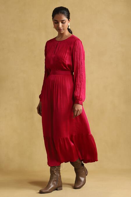 Ritu Kumar_Pink Viscose Keyhole Neck Knife Pleated Tiered Dress_Online_at_Aza_Fashions