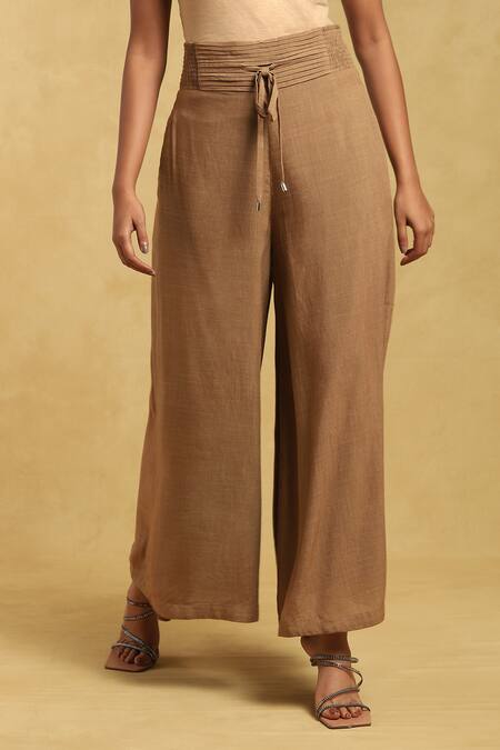 Shop Ritu Kumar Brown Cotton, Linen Pleated Waist Flared Palazzo at Aza Fashions Shop_Ritu Kumar_Brown Cotton, Linen Pleated Waist Flared Palazzo_at_Aza_Fashions