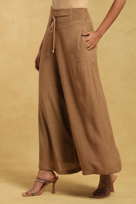 Ritu Kumar Brown Cotton, Linen Pleated Waist Flared Palazzo Online at Aza Fashions Ritu Kumar_Brown Cotton, Linen Pleated Waist Flared Palazzo_Online_at_Aza_Fashions