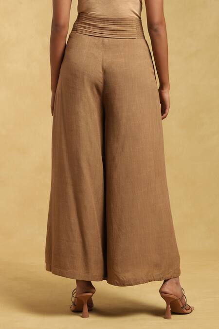 Shop Ritu Kumar Brown Cotton, Linen Pleated Waist Flared Palazzo Online at Aza Fashions Shop_Ritu Kumar_Brown Cotton, Linen Pleated Waist Flared Palazzo_Online_at_Aza_Fashions